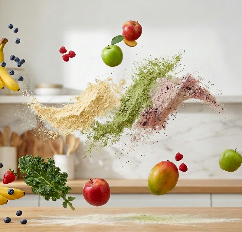 photo of fruis and protein powder and vegetables