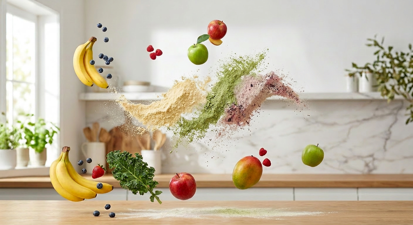 photo of fruis and protein powder and vegetables